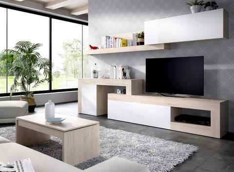 Designová obývací stěna Lebo, oak, glossy white