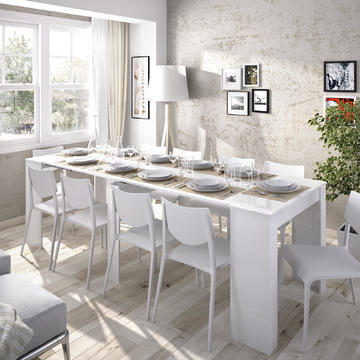 Rozložitelný jídelní stůl, psací stůl, komoda v jednom, Kiona glossy white