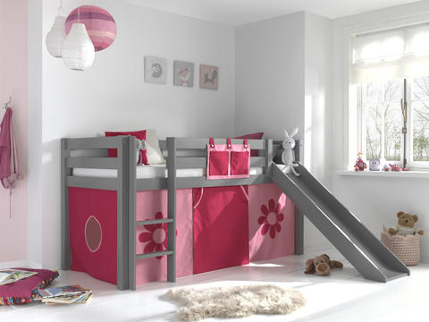 Dětská postel z masívu s klouzačkou Pink flower - Pino grey