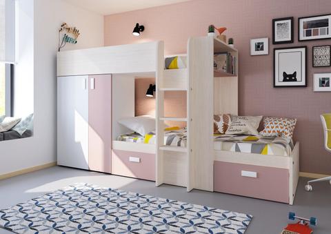 Patrová postel pro dvě děti Bo1 - bělená borovice, rosa pink