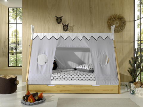 Domečková postel s přistýlkou přírodní a látkou Vigi