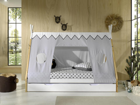 Domečková postel s přistýlkou bílá a látkou Vigi