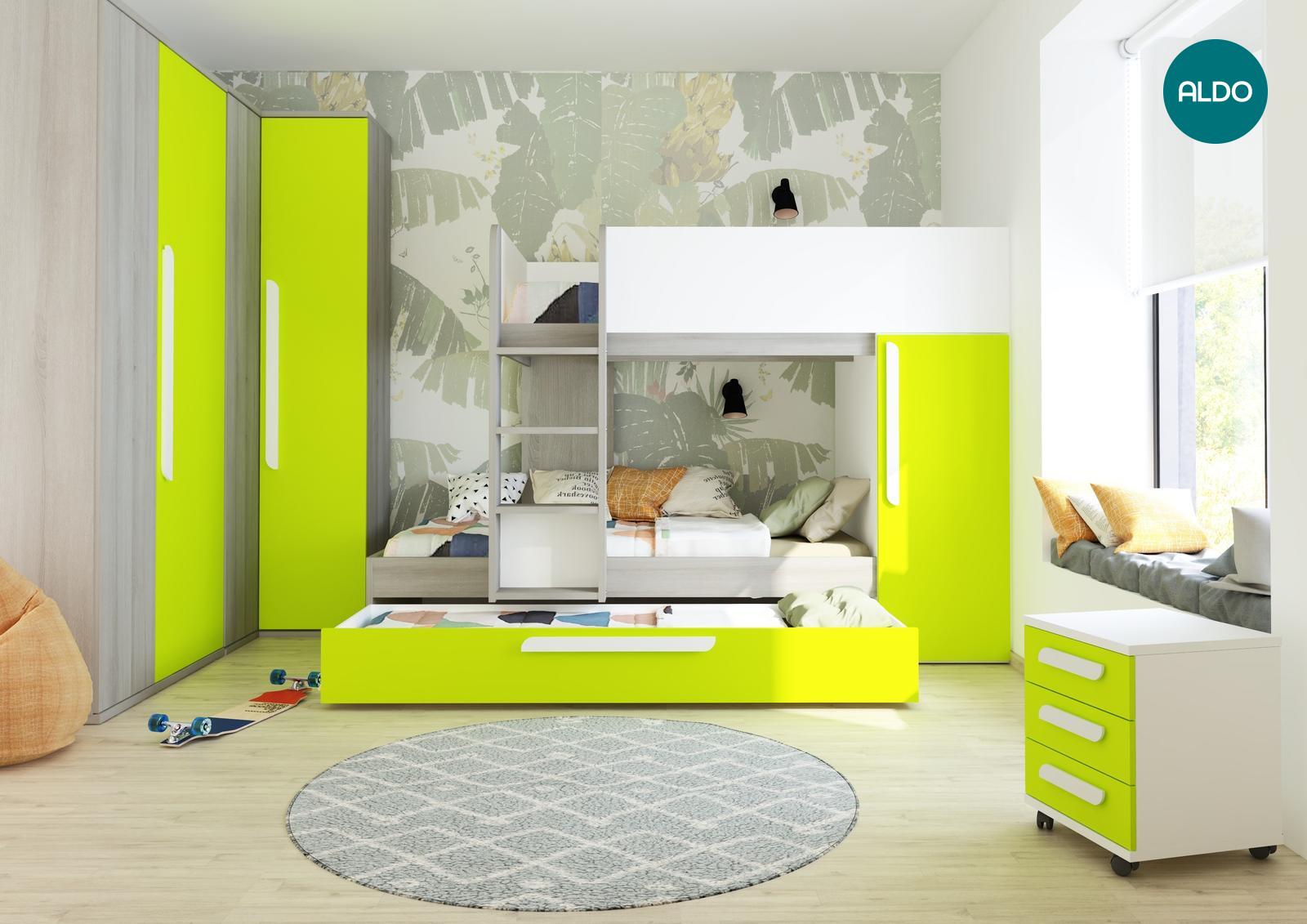 Dětský pokoj pro tři děti - kolekce Bo7 green, white, oak