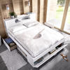 Manželská postel s řadou úložných prostorů, nadstavcem Lanka white