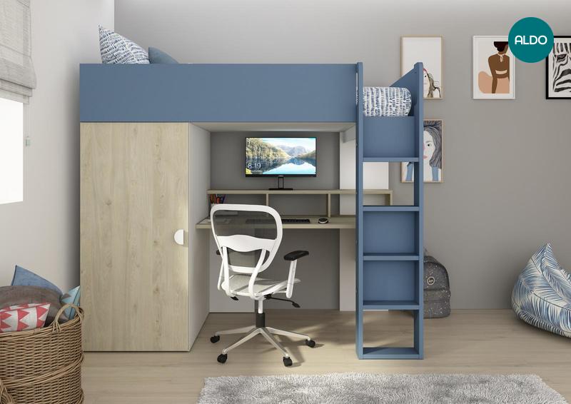 Vyvýšená postel s psacím stolem Flow - modrá