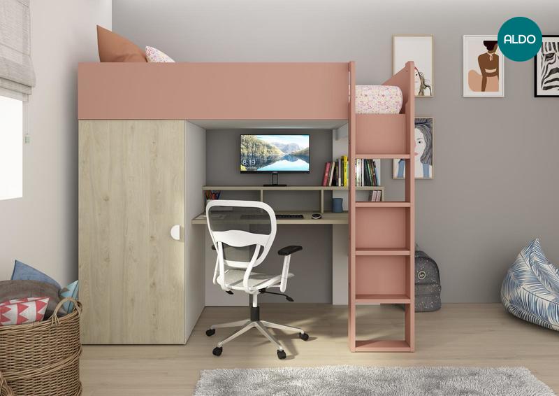 Vyvýšená postel s psacím stolem Flow - pink