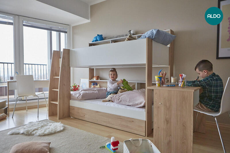 Dětský pokoj s patrovou postelí a psacími stoly Shelter