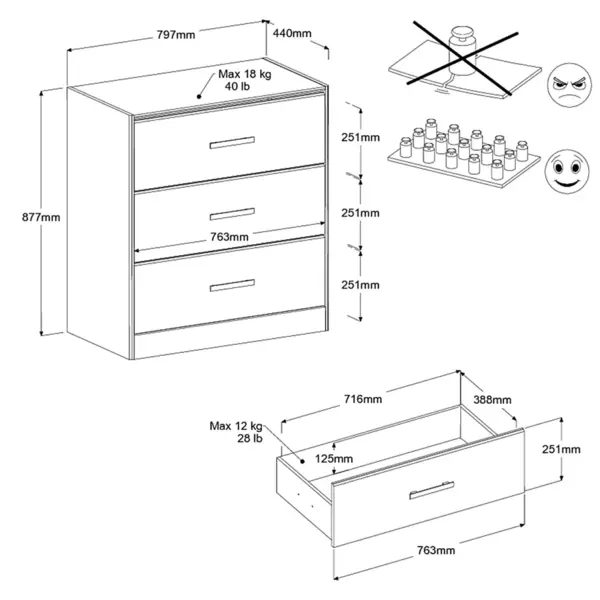 Komoda s šuplíky Azuka - detailní rozměry