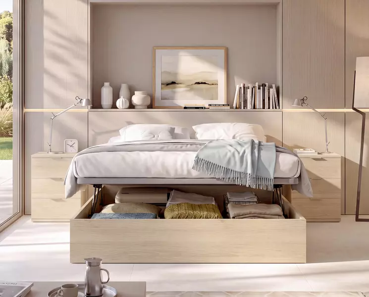 Postel se zvedacím roštem a stolky dub Nest