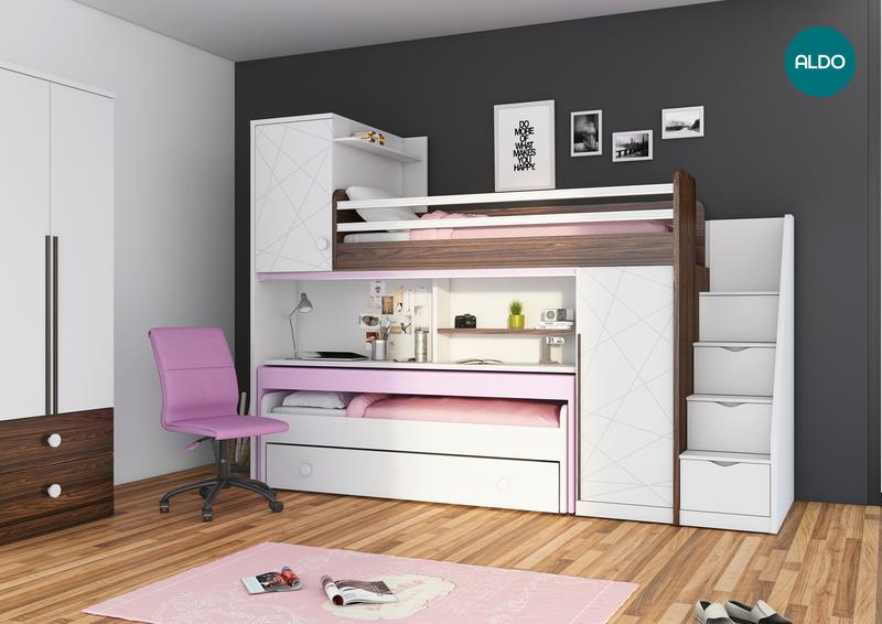 Patrová postel s psacím stolem pro holky New Tower-pink
