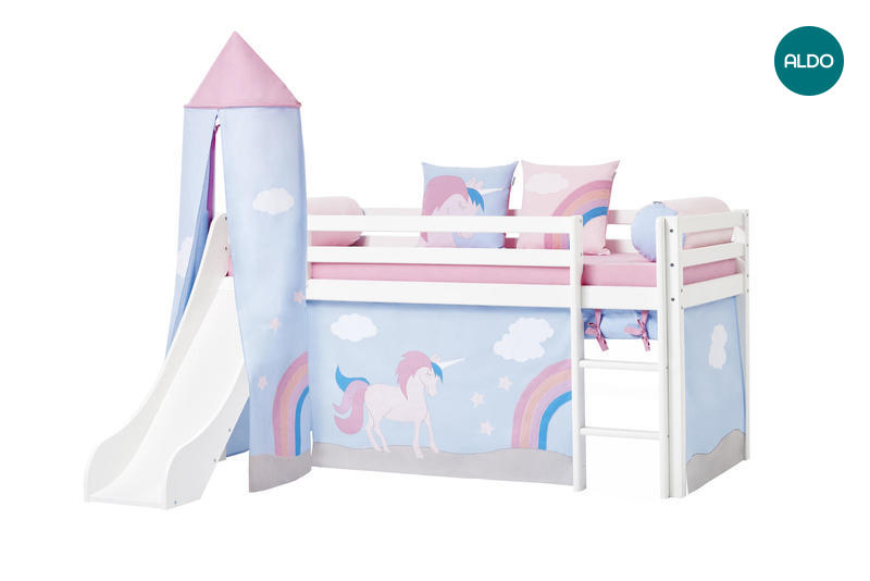 Dětská postel s klouzačkou a věží Jednorožec