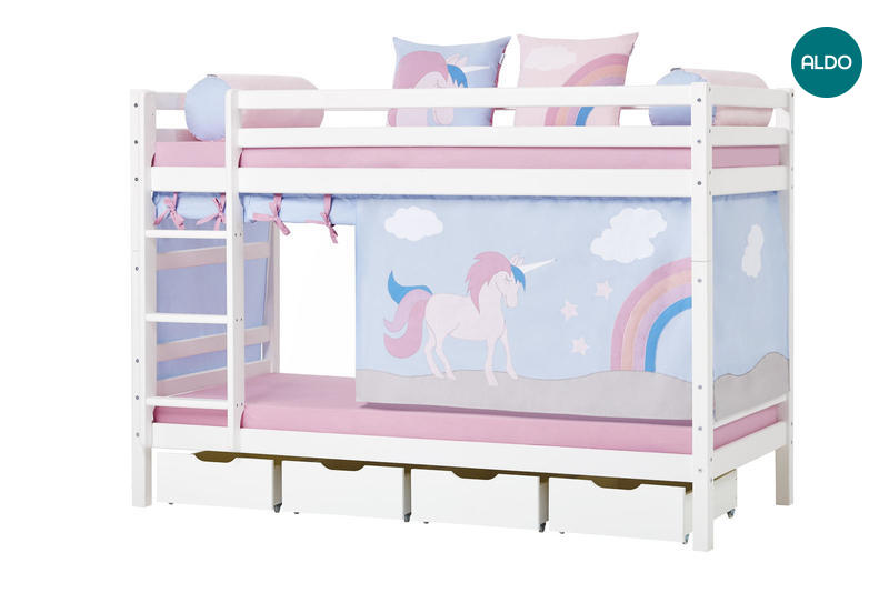 Dětská patrová postel z masivu Jednorožec - s šuplíky 