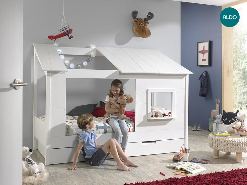 Dětská postel ve tvaru domečku s okýnkem, přistýlkou House - white