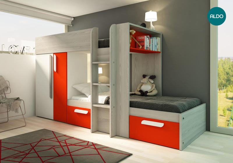 Patrová postel s šatní skříní Bo1 - oak molina, red
