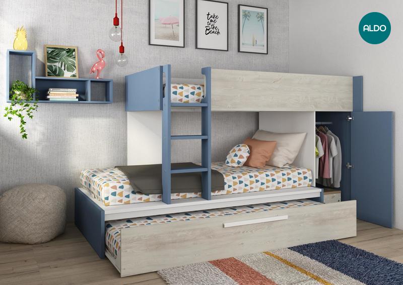 Patrová postel pro tři s šatní skříní Multi smoky blue