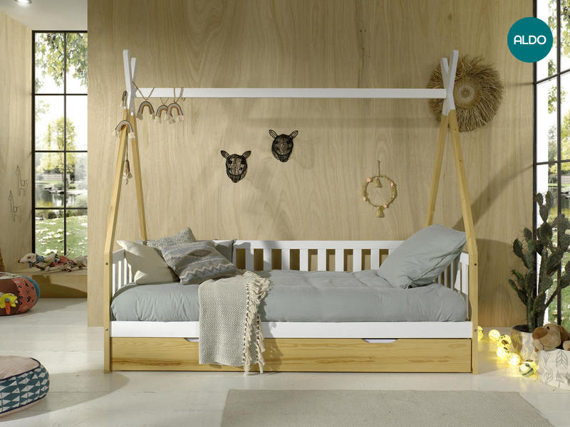 Domečková postel s přistýlkou přírodní z masivu Vigi fence